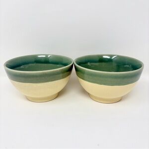 Pier 1 Stoneware Bowls 5 3/4” Green and Yellow Cereal Bowl Set of 2 Excellent